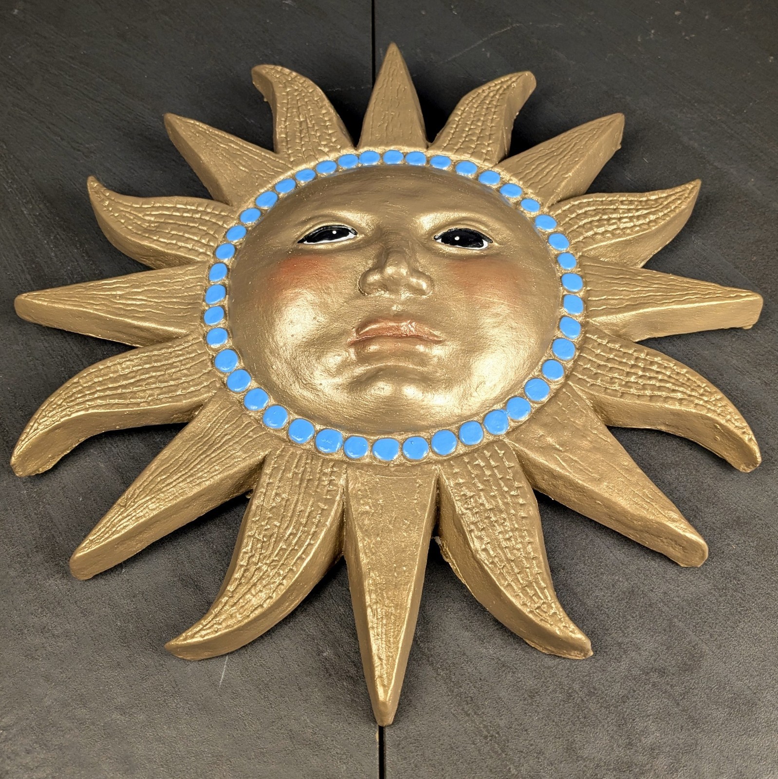 Gold Celestial Chalkware Sun Face Turquoise Dots Wall Decor 11&Prime; Boho Plaster