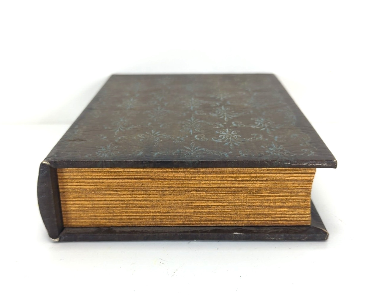 Faux Book Storage Box Secret Brown Leather Look Blue Filigree Magnet Close Lined