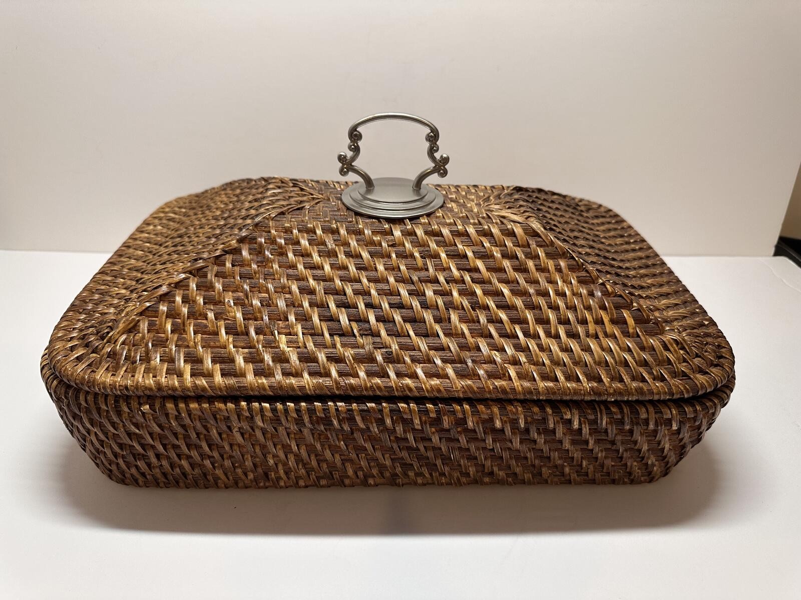 Rectangular Shaped Storage Basket made of Fine Woven Reed with Lid Metal Handle