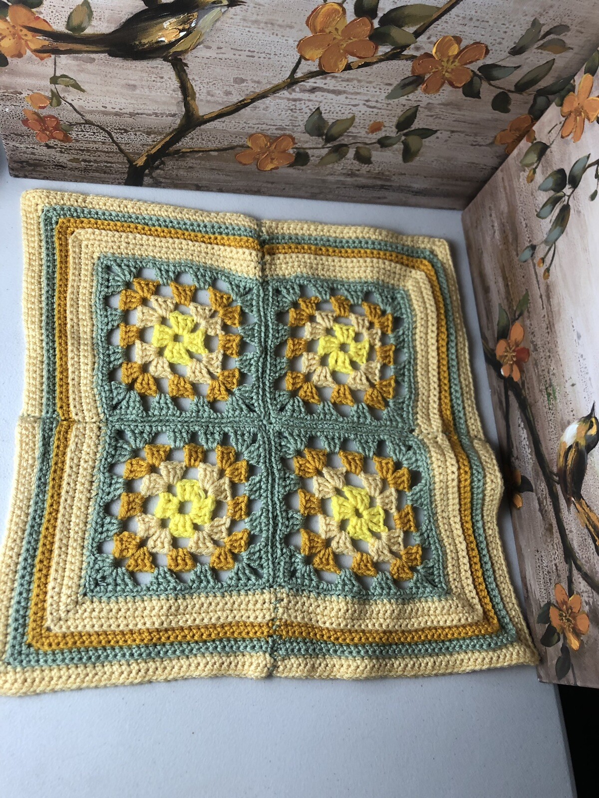 Vintage Handmade Crocheted Granny Square Afghan Doll/Side Table Top 18” Yellow