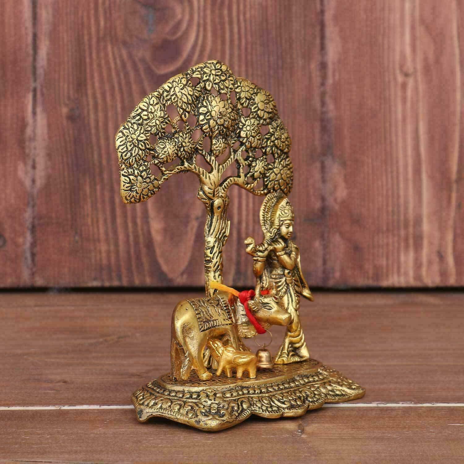 Metal Krishna with Cow Standing Under Tree 17 cm (Metal, Gold)
