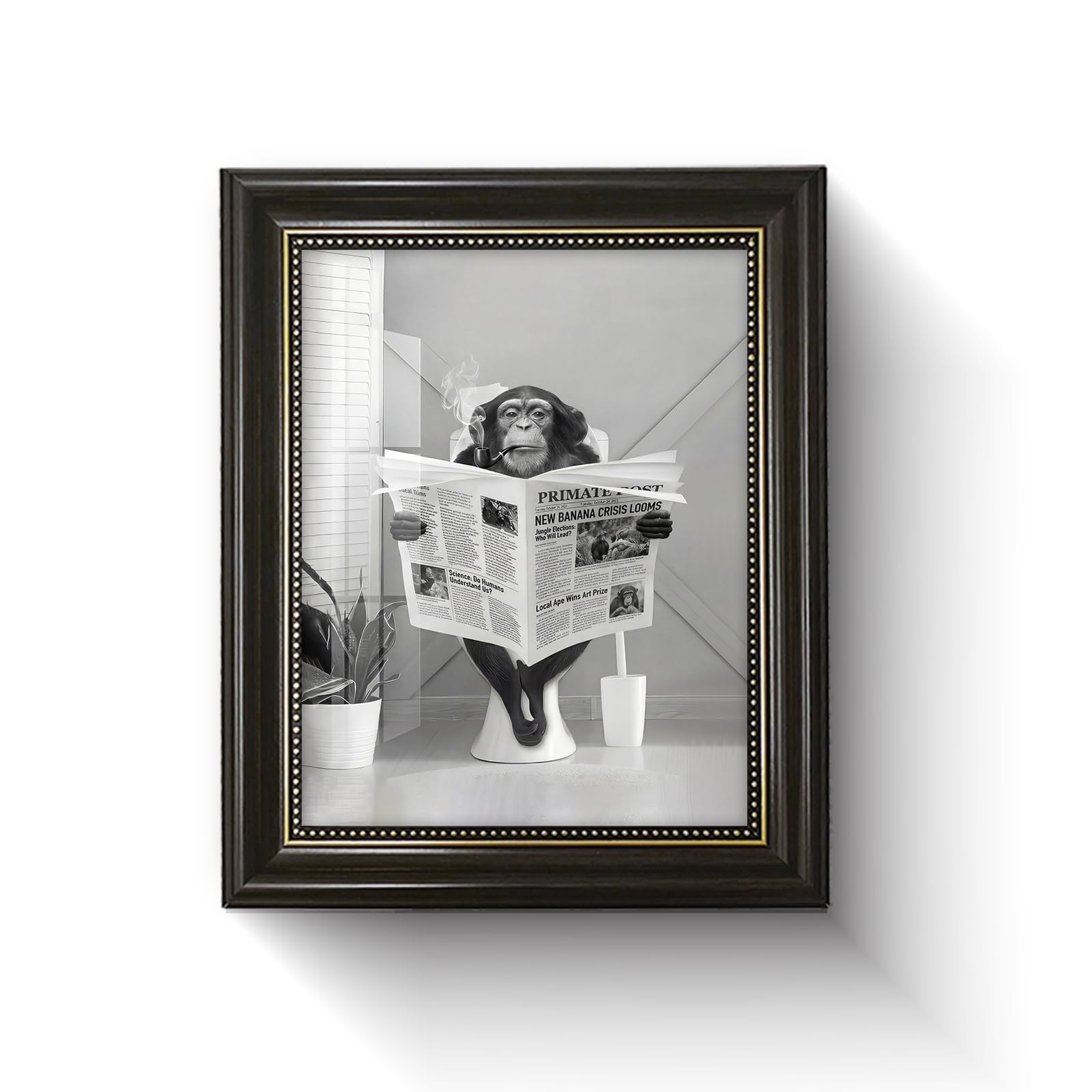 Funny Black and White Chimpanzee Reading Newspaper, Black and Gold Beaded Fra…