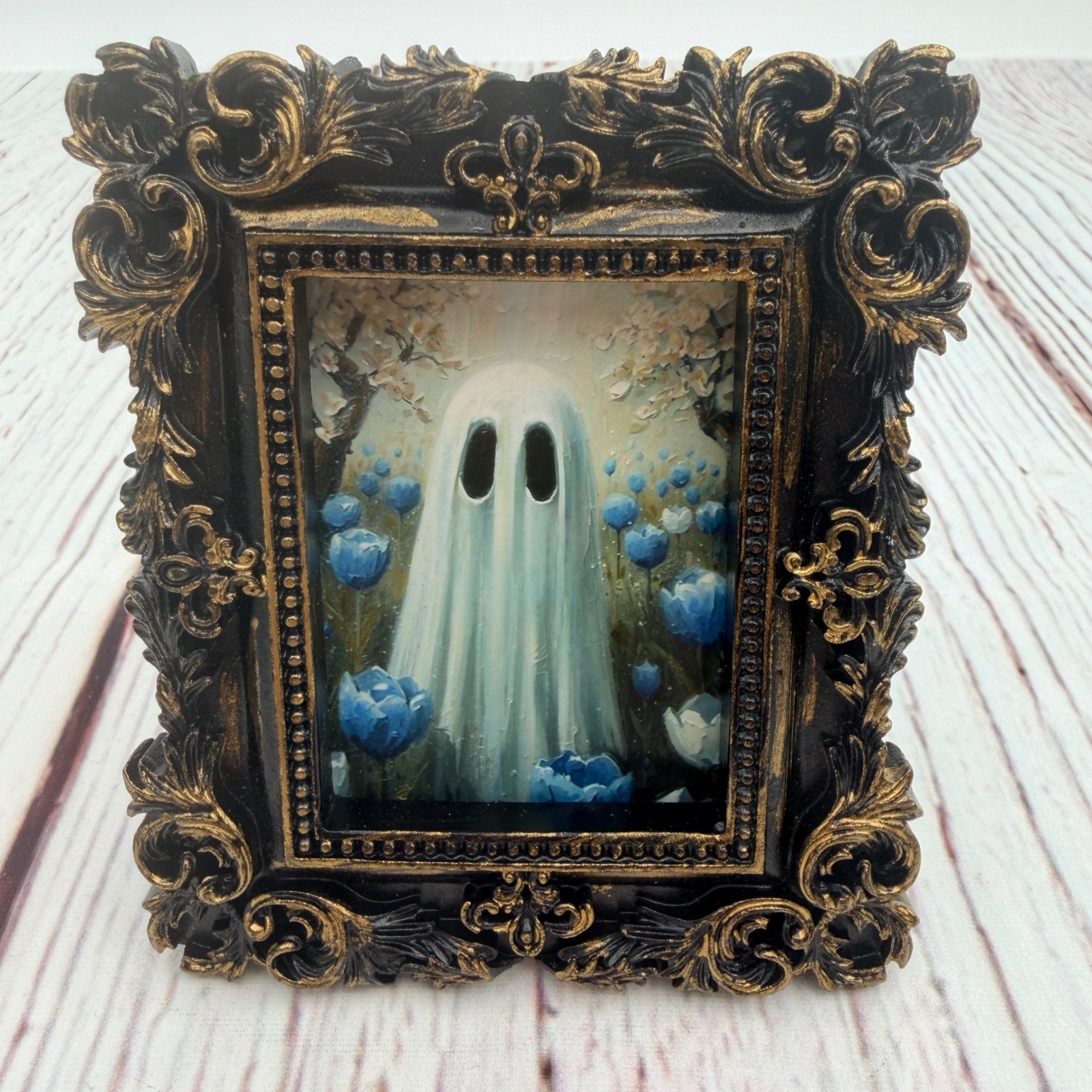 Ghost in Blue Tulips Original Art Print in Ornate Black Gold Baroque Frame 4×3&Prime;