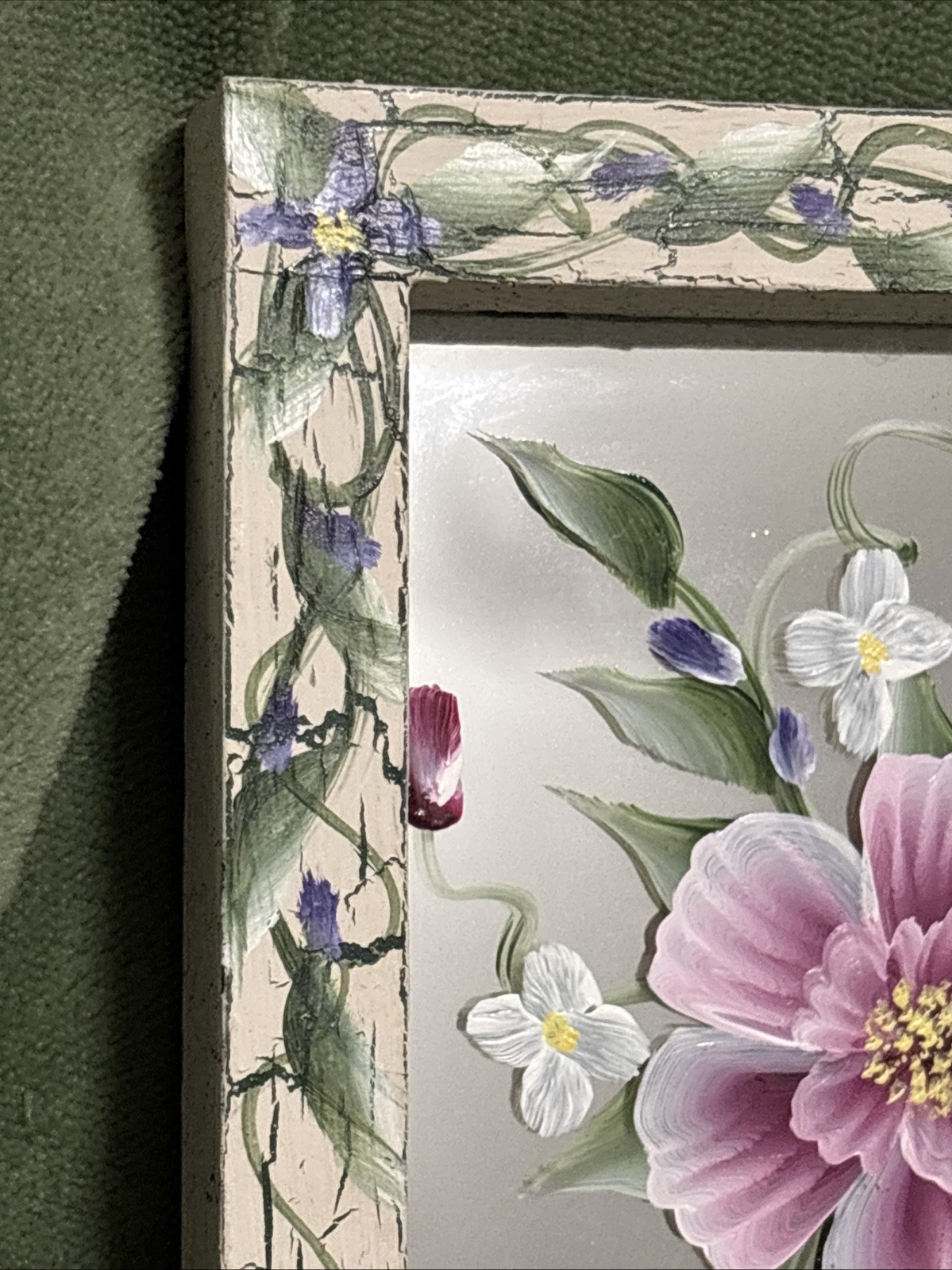 Shabby Chic Hand Made Hand Painted Floral Wood Framed Wall Mirror 7 x 5.75 in