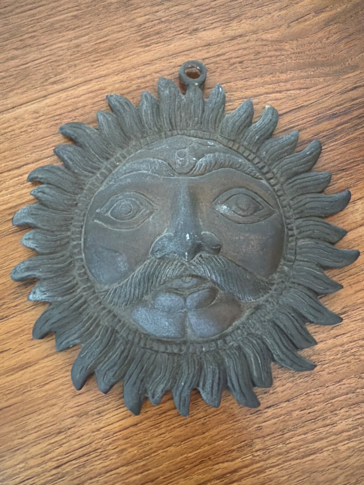 Vtg Solid Brass Sun Face Wall Hanging 7 3/4” Bas-Relief Surya Plaque Celestial