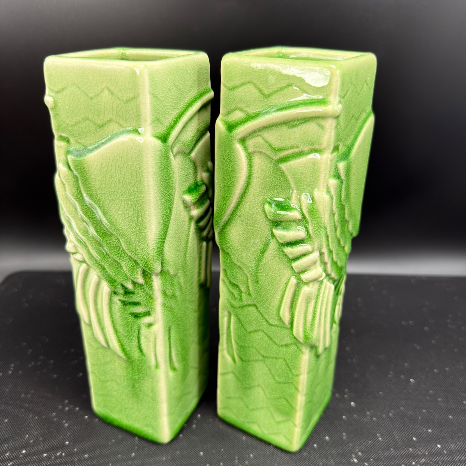 Global Views Green Crackle Glaze Ceramic Bud Vases Set of 2 Geometric Relief 8in