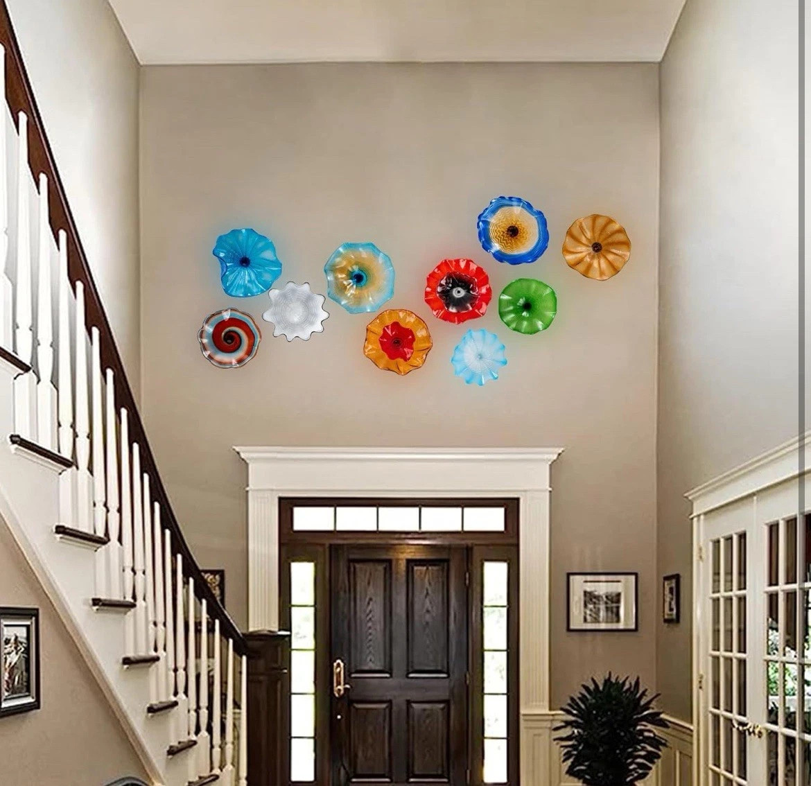1PC Hand Blown Glass Blue Flower Art Platter Plate for Home Wall Decor-D12&Prime;