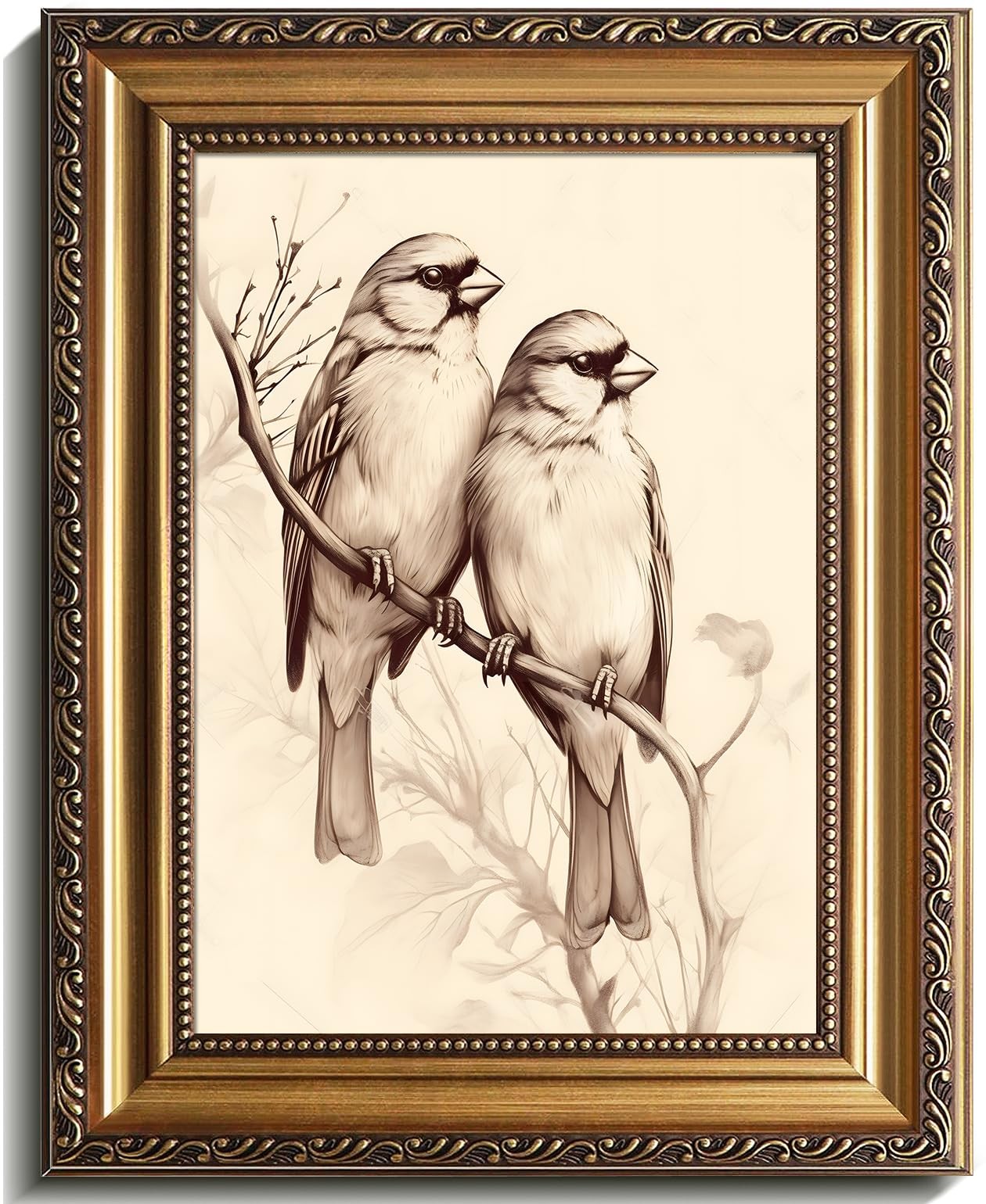 9×12 Inch Gold Framed Canvas Wall Art Vintage Sparrow Painting, Romantic Bird…