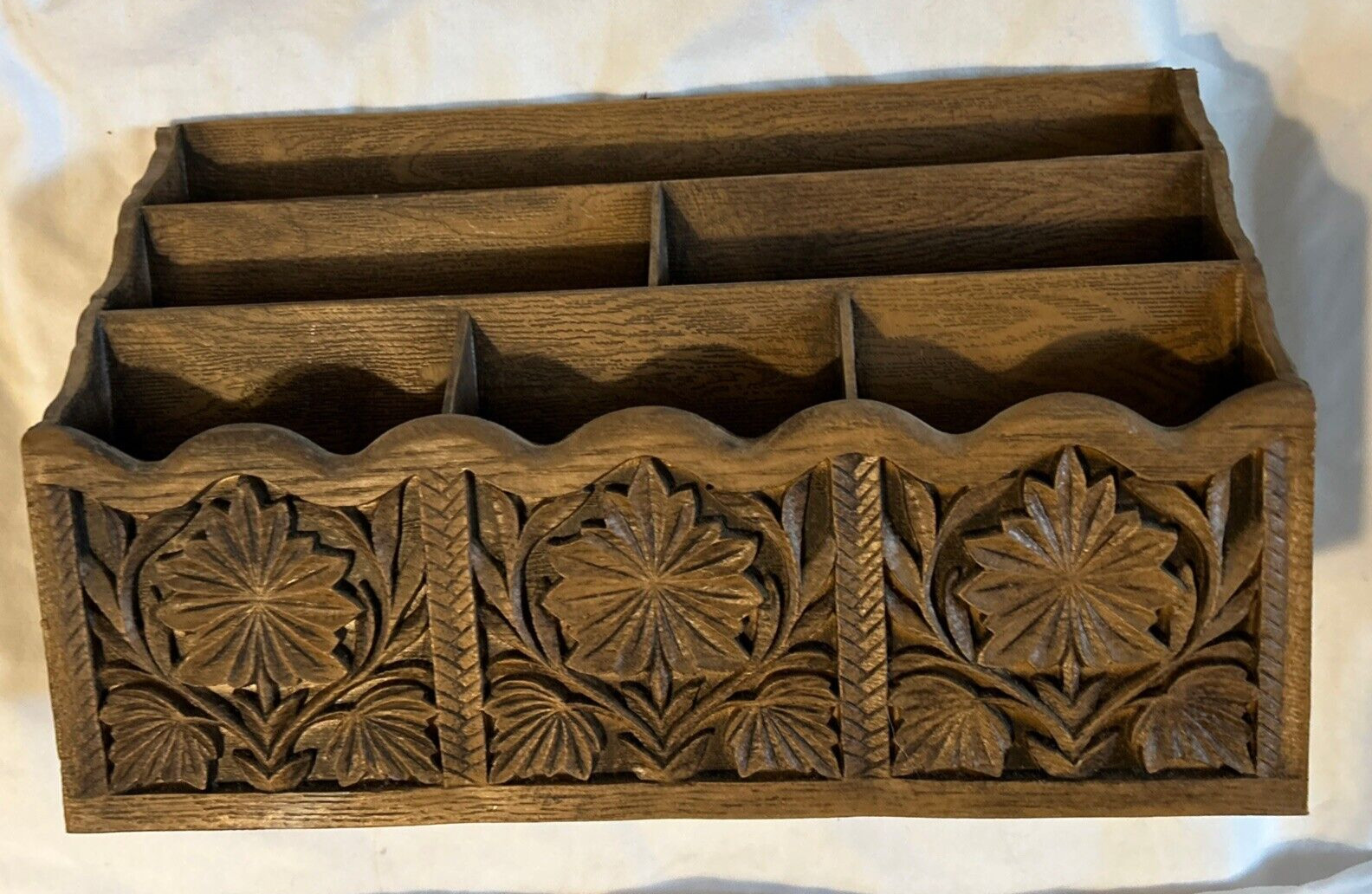 Vintage Lerner Carved Faux Wood Letter Holder Mail Organizer Storage Caddy Metal