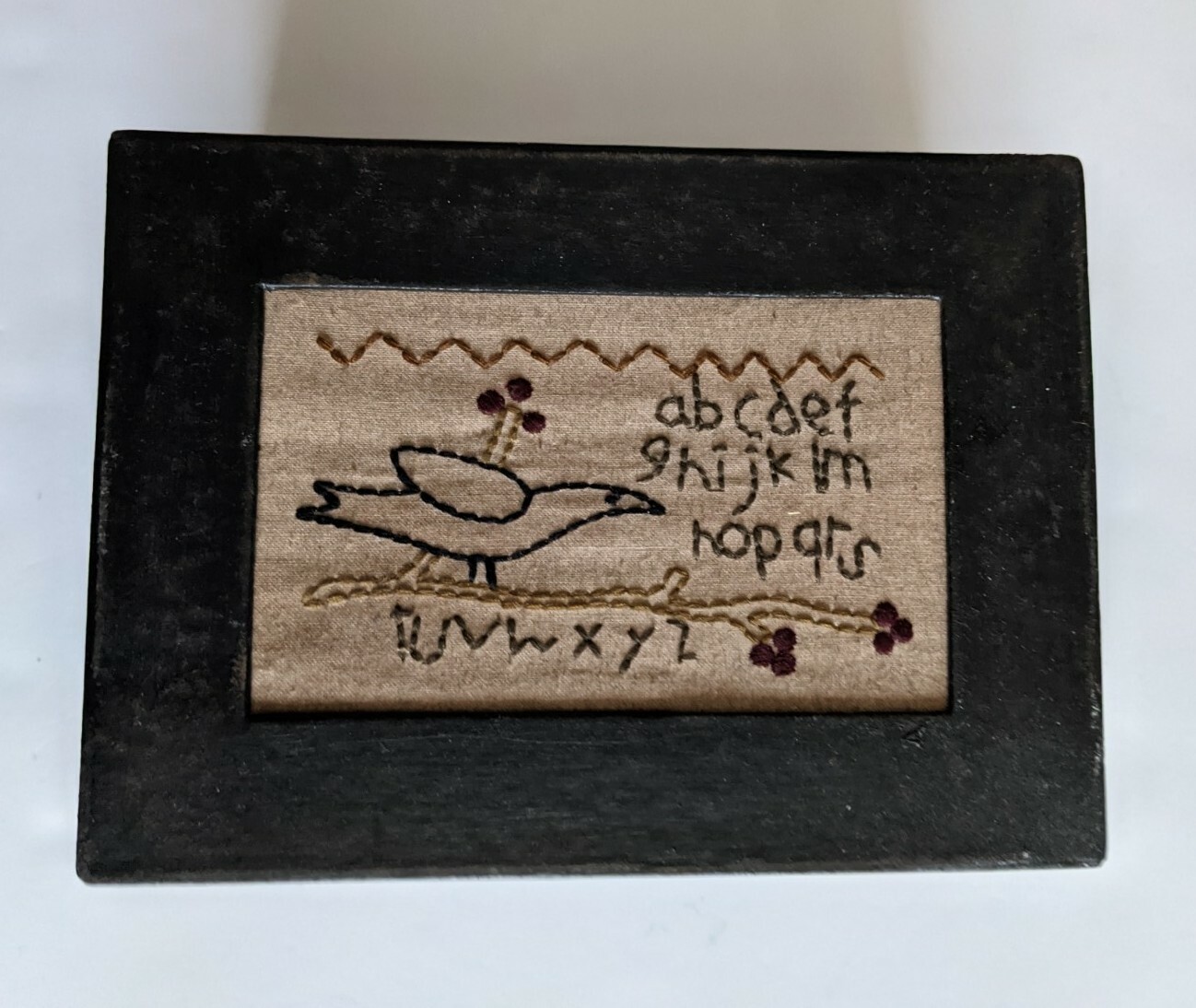 Embroidered Sampler Box Cardboard Paint Black Bird 6.75×4.75×3 In Storage Crafts