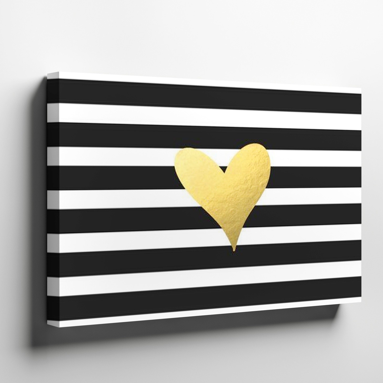Gold Heart Canvas Wall Art with Black White Stripes Modern Minimalist Decor