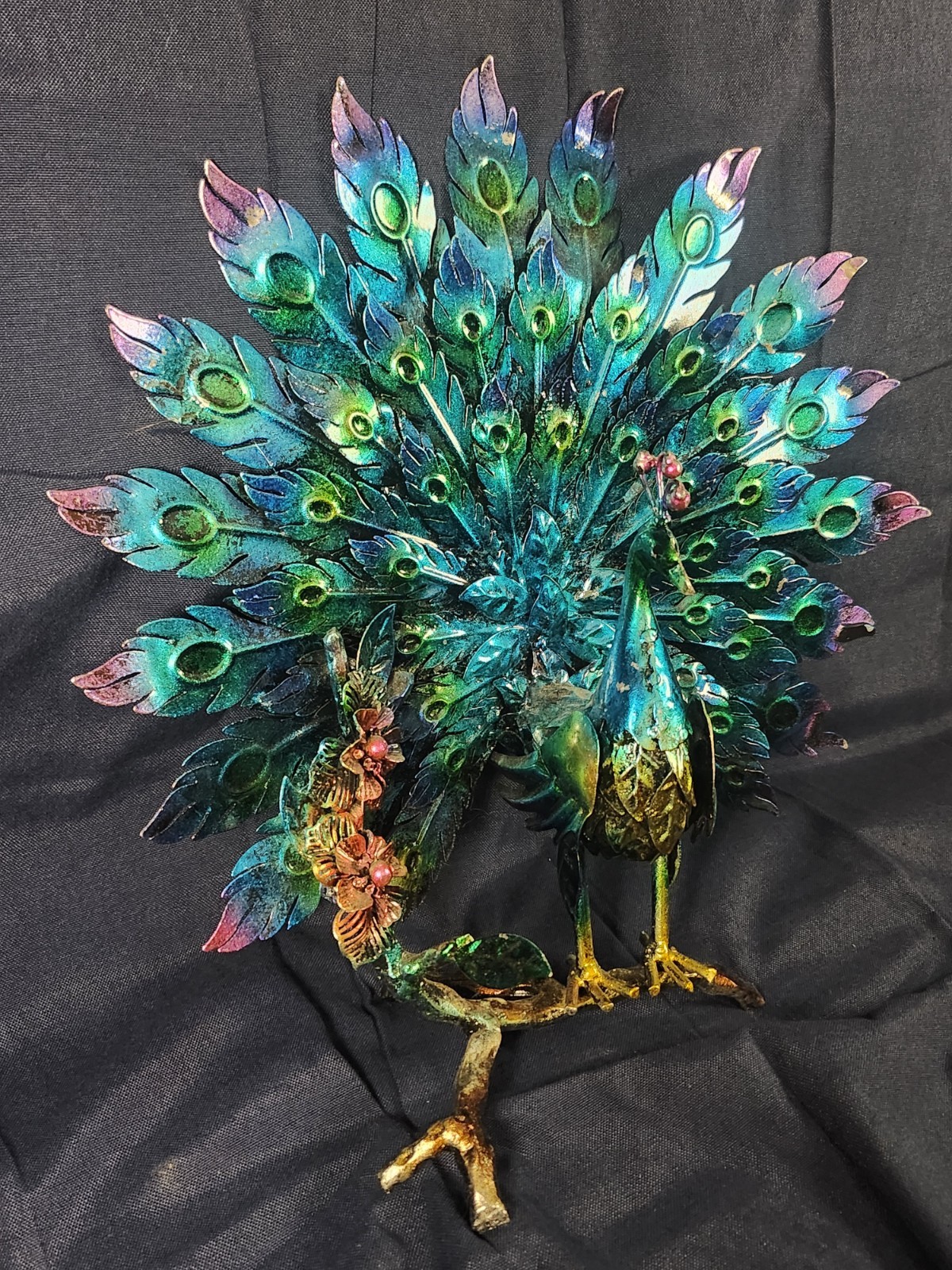 Metal Shiny Pretty Colorful Peacock Statue 13 Inches Decoration