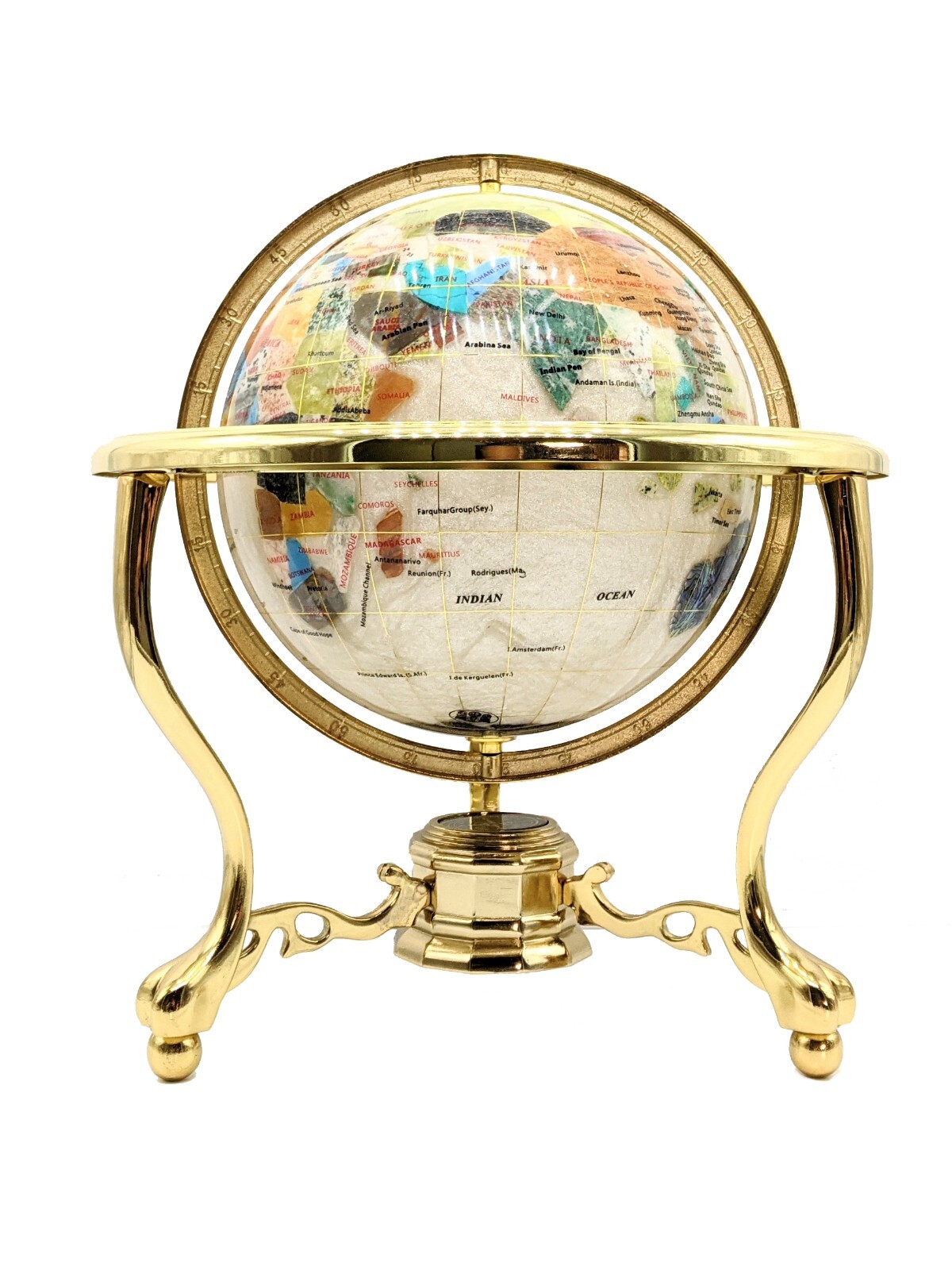 13&Prime; pearl ocean Gold 3- leg table stand Gem MOP Gemstone World MAP globe