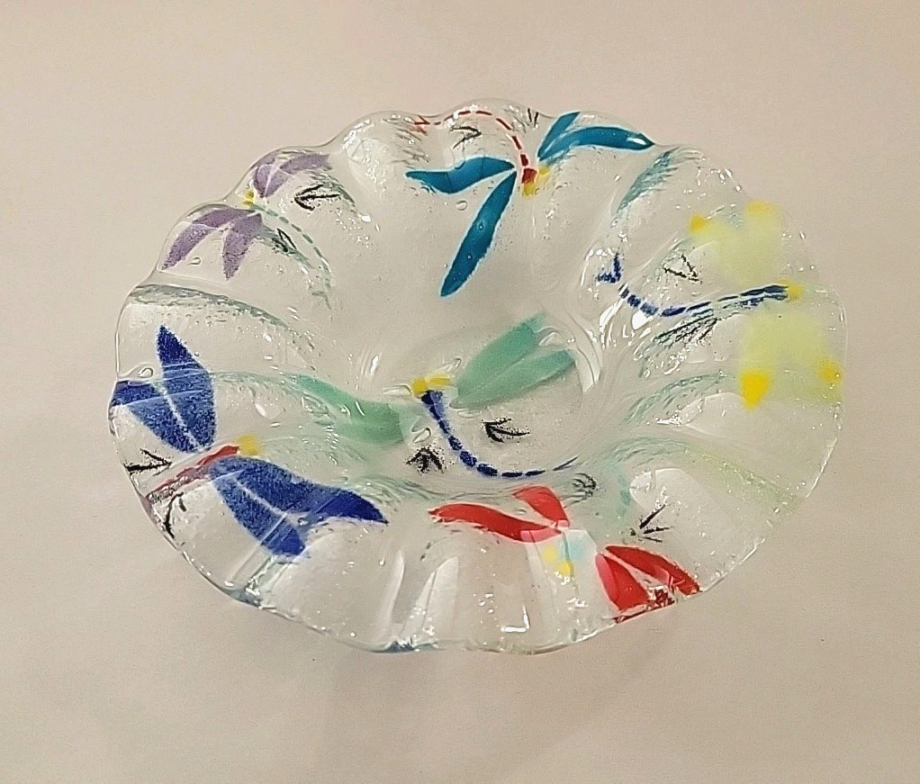 Fused Glass with Dragonflies Candy Dish Multicolor