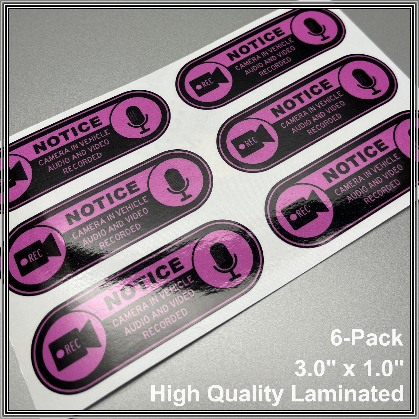 Camera in Car Recording Video 6-Pack Decals Pink & Black 3.0&Prime; x 1.0&Prime; for Uber