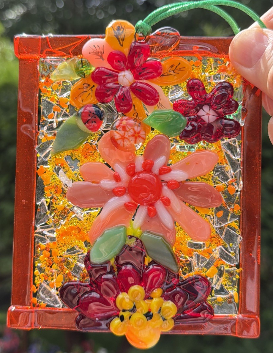 Fused Glass Handmade Flowered Rectangular Multicolor Sun Catcher Signed
