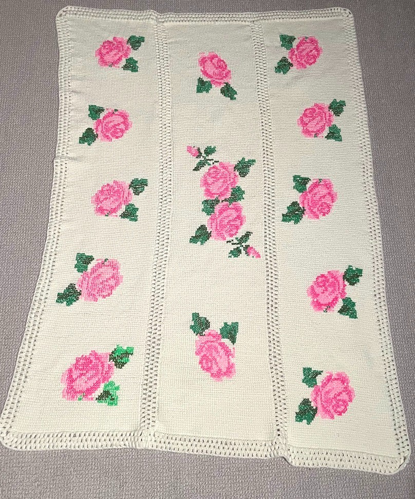 Cottage Core Granny Crochet Pink Roses Afghan Throw Lap Blanket Spring