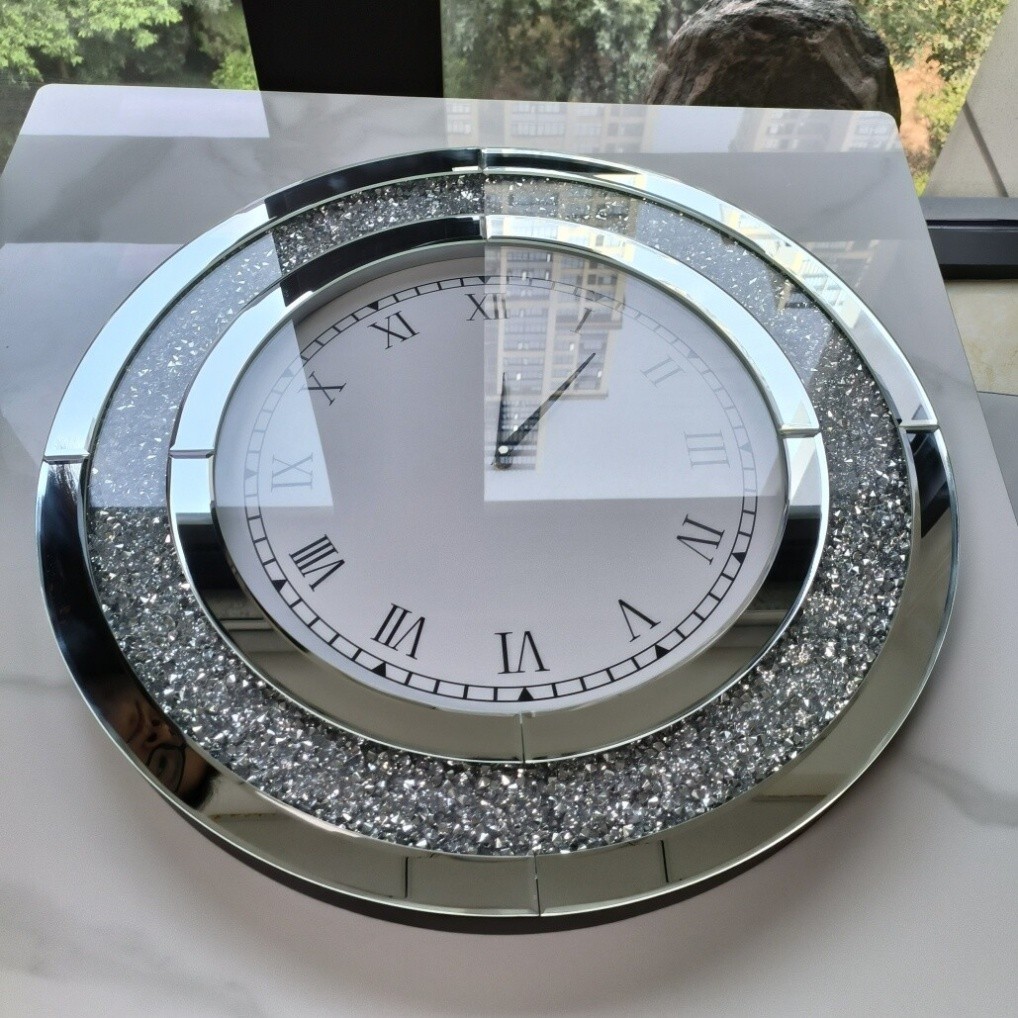 Large Round Mirror Clock 24/32in Crystal Sparkle Bling Crush Diamond Wall Clocks