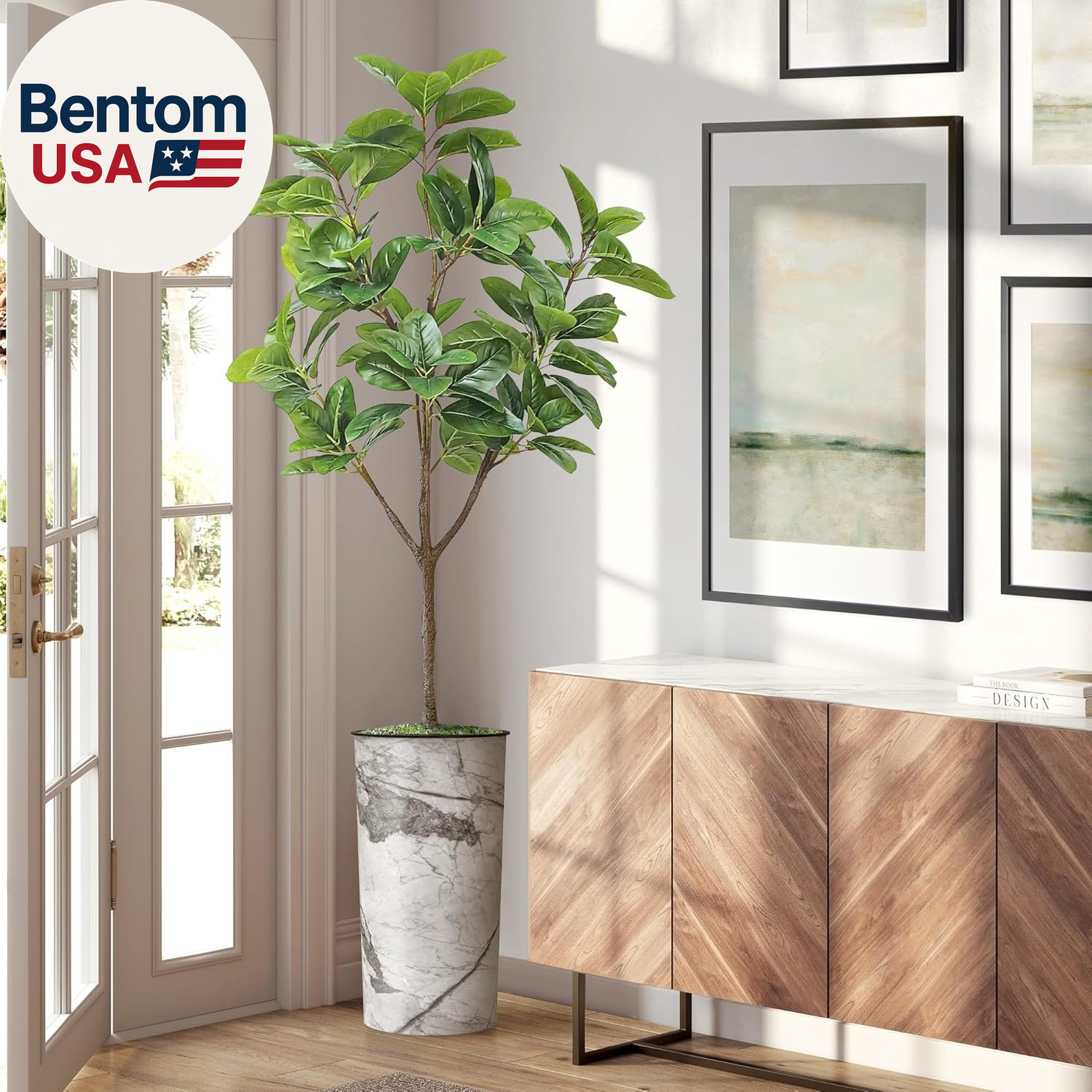 Artificial Tree in Gray Marble Effect Planter, Fake Magnolia Tree for Indoor and