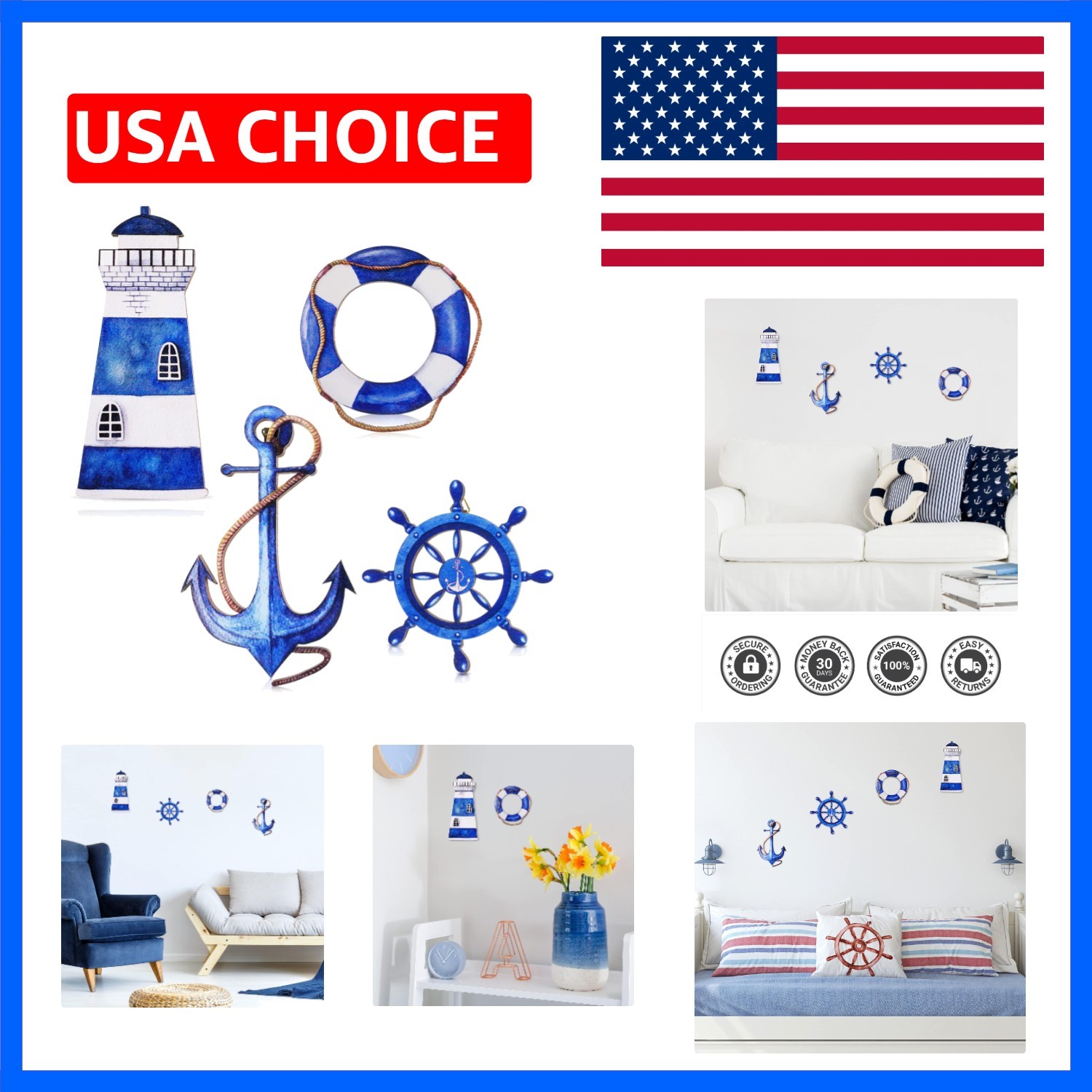 4 Pcs Nautical Wall Art – Coastal Decor for Bathroom & Beach Party Rooms