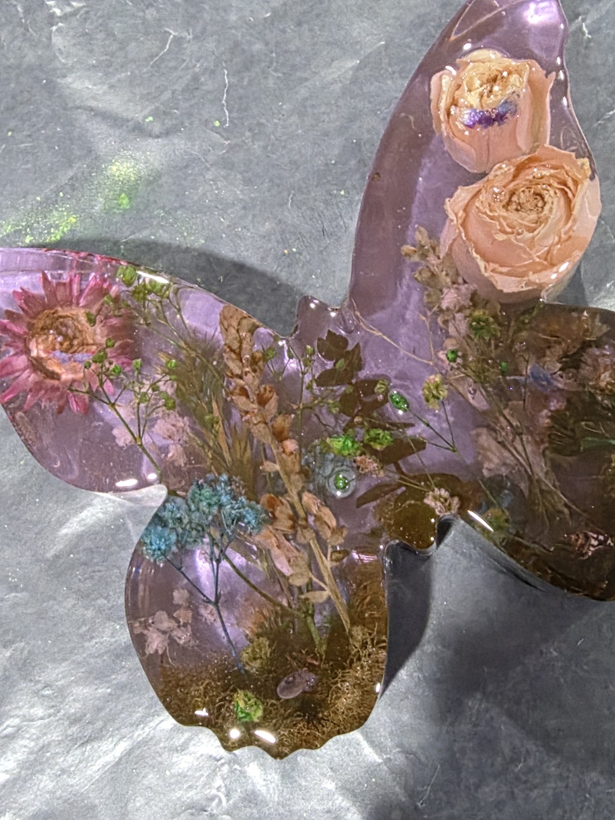 Handmade Purple Butterfly Resin Suncatcher with Embedded Dried Flowers