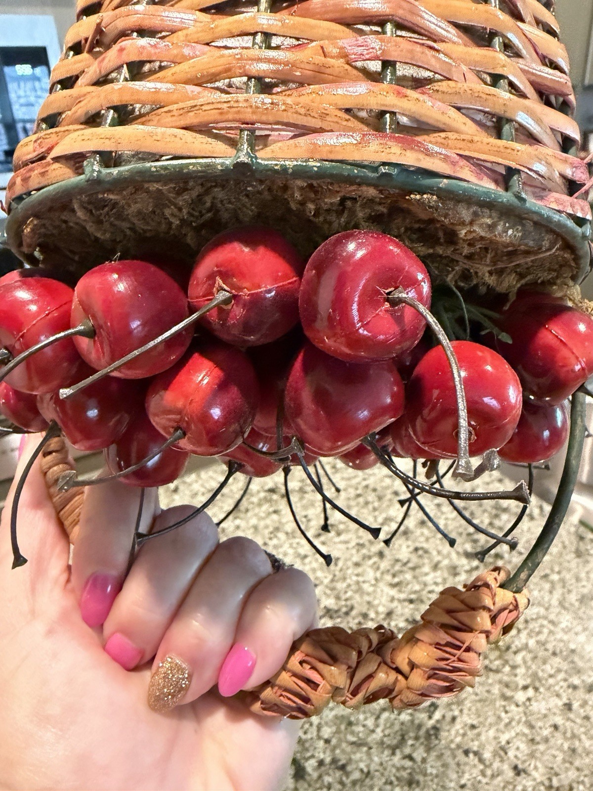 Artificial Cherries In Wicker Basket Metal Legs Cottage Core Decor, Granny Core