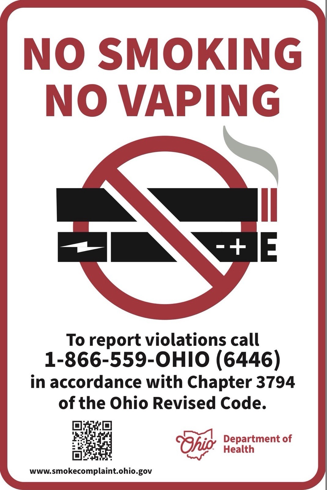 OHIO NO SMOKING NO VAPING Sticker Vinyl Door DECAL Revised Code Required by Law