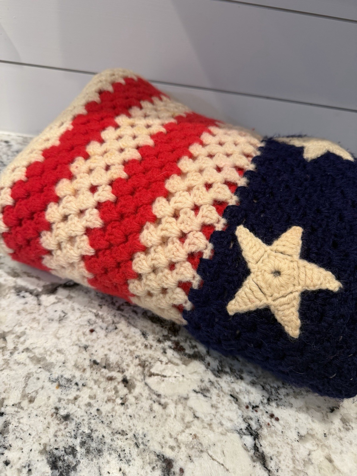 American Flag USA Afghan Blanket Red White Blue Vintage Handmade Crochet Stars