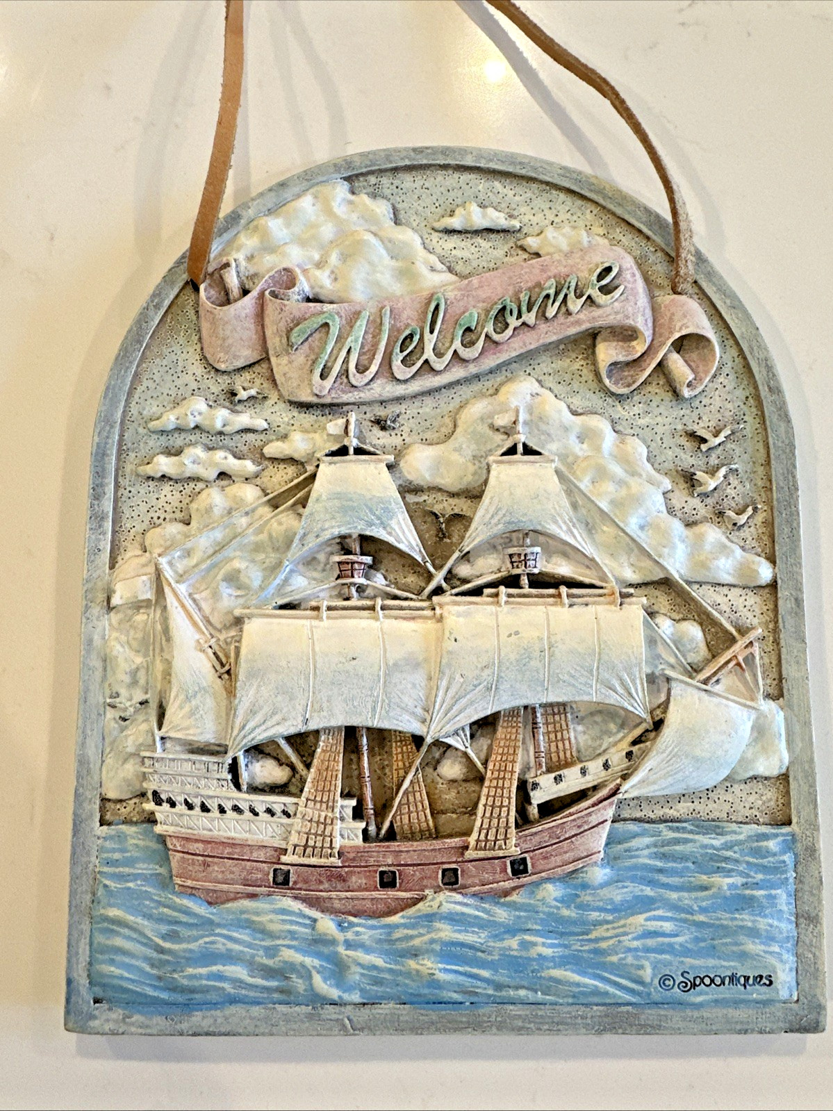Spoontiques 3d Schooner Sail Boat Welcome Sign 8.25 in x 6.75 in Leather Strap