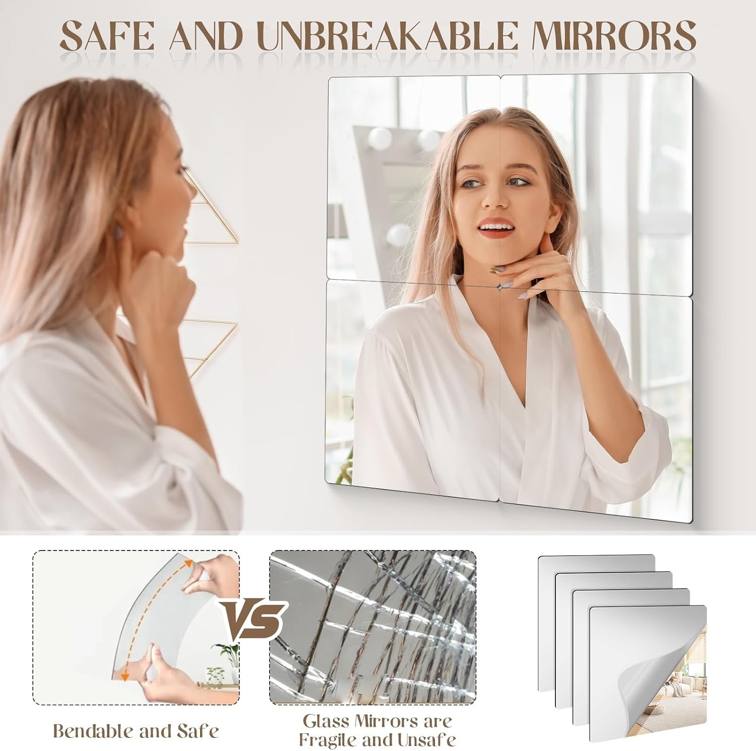 4 Pack Self Adhesive Acrylic Mirror, 8 x 8 Inch Frameless Shatterproof Stick