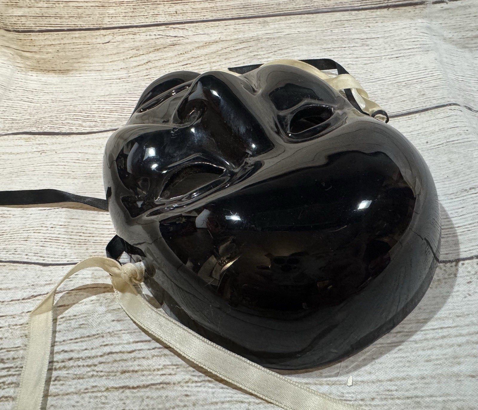 Vintage Taiwan Hand Painted Ceramic Porcelain Wall Mask Black Jester Sad Face