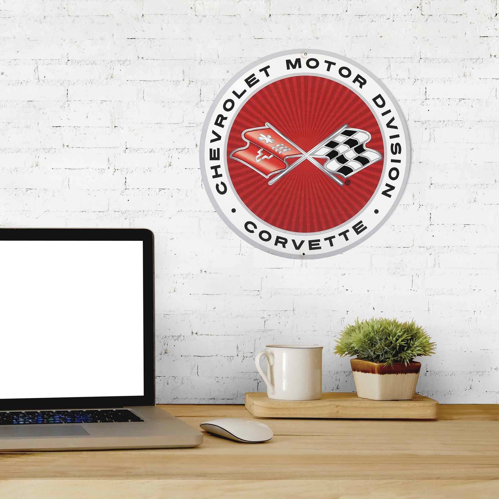 Chevrolet Motor Division Corvette Logo Round Metal Sign – Small, Red/White