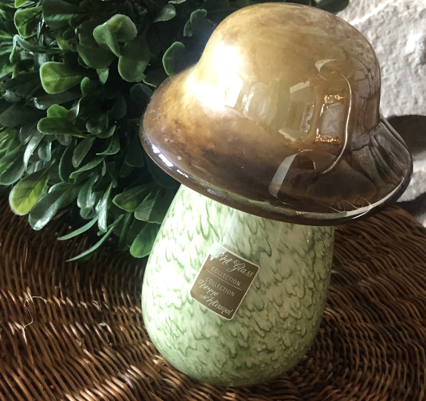 Pier1 Imports Art Glass Collection Mushroom Decor Green Brown 4.5&Prime;x6.5&Prime; NEW