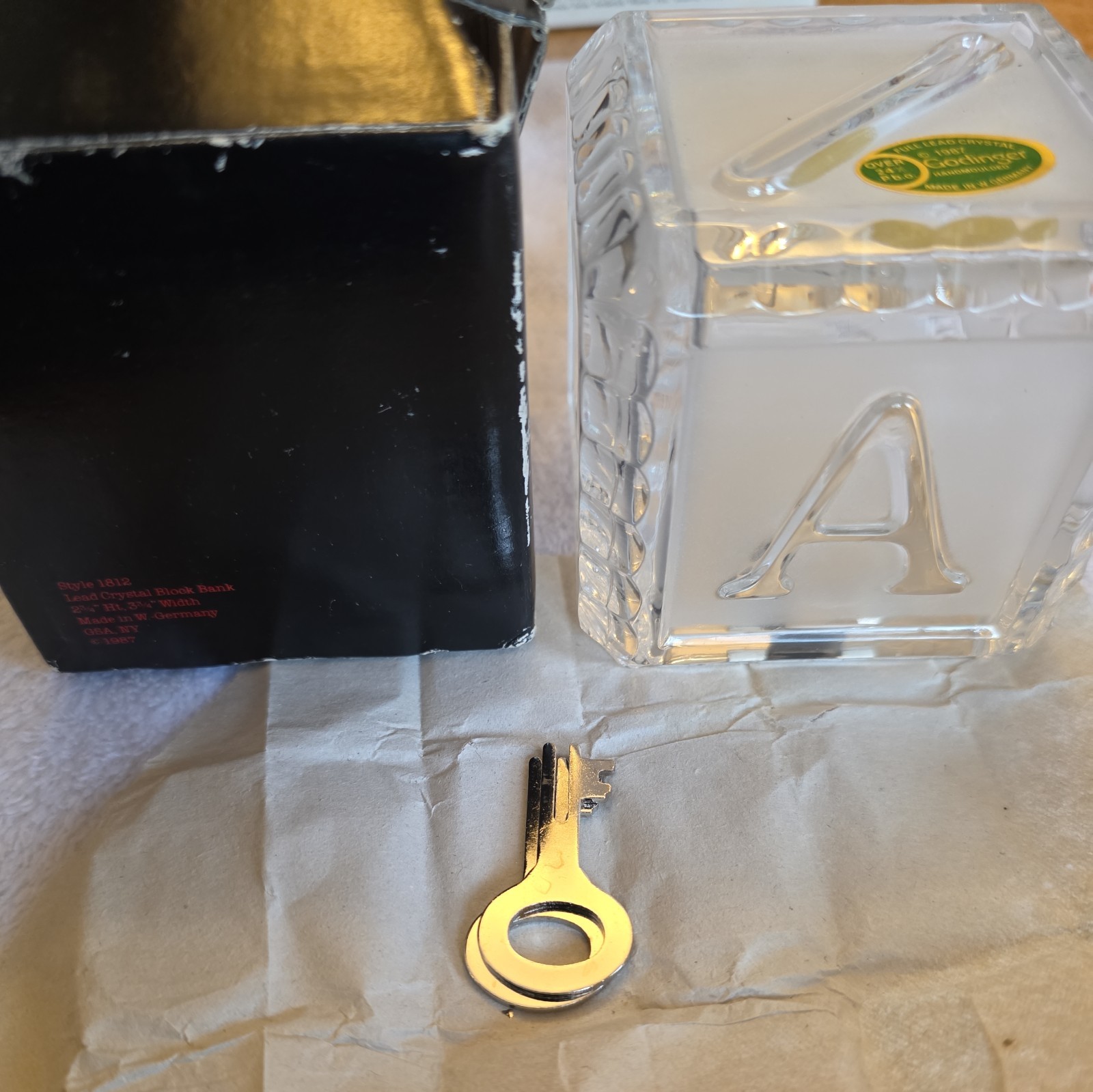 Vintage 1987 Godinger Crystal Baby Block Alphabet Bank with Key West Germany