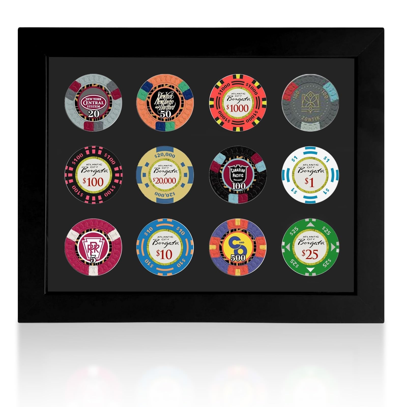 12 Chip Poker Display Frame – Wall Mount/Tabletop, EVA Foam Lining, Black Flocke