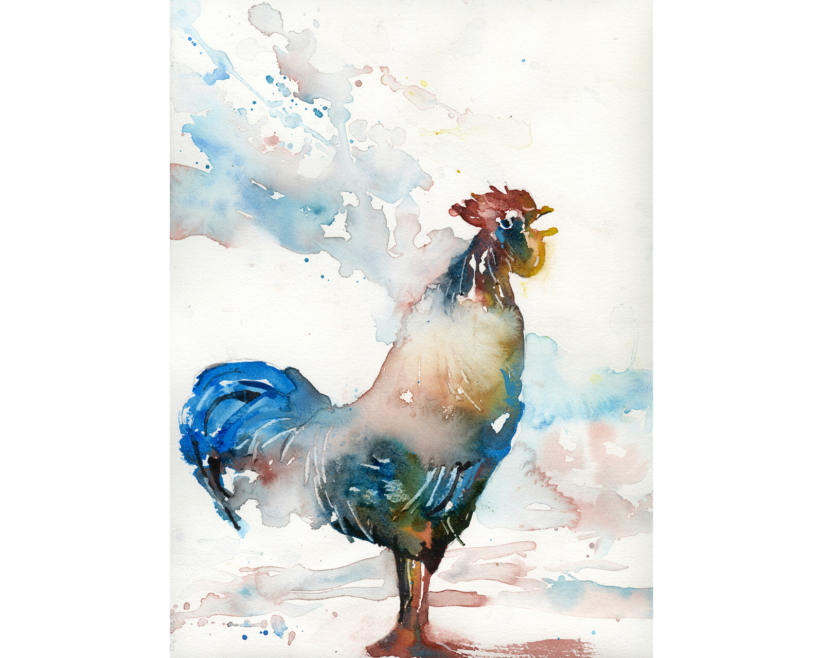 Colorful rooster watercolor painting kids room decor art house barnyard (print)