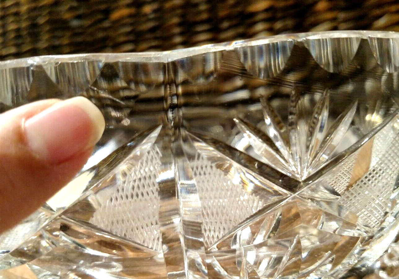 Czech Bohemian Glass Footed Bowl, Cut Lead Crystal Decorative, EUC