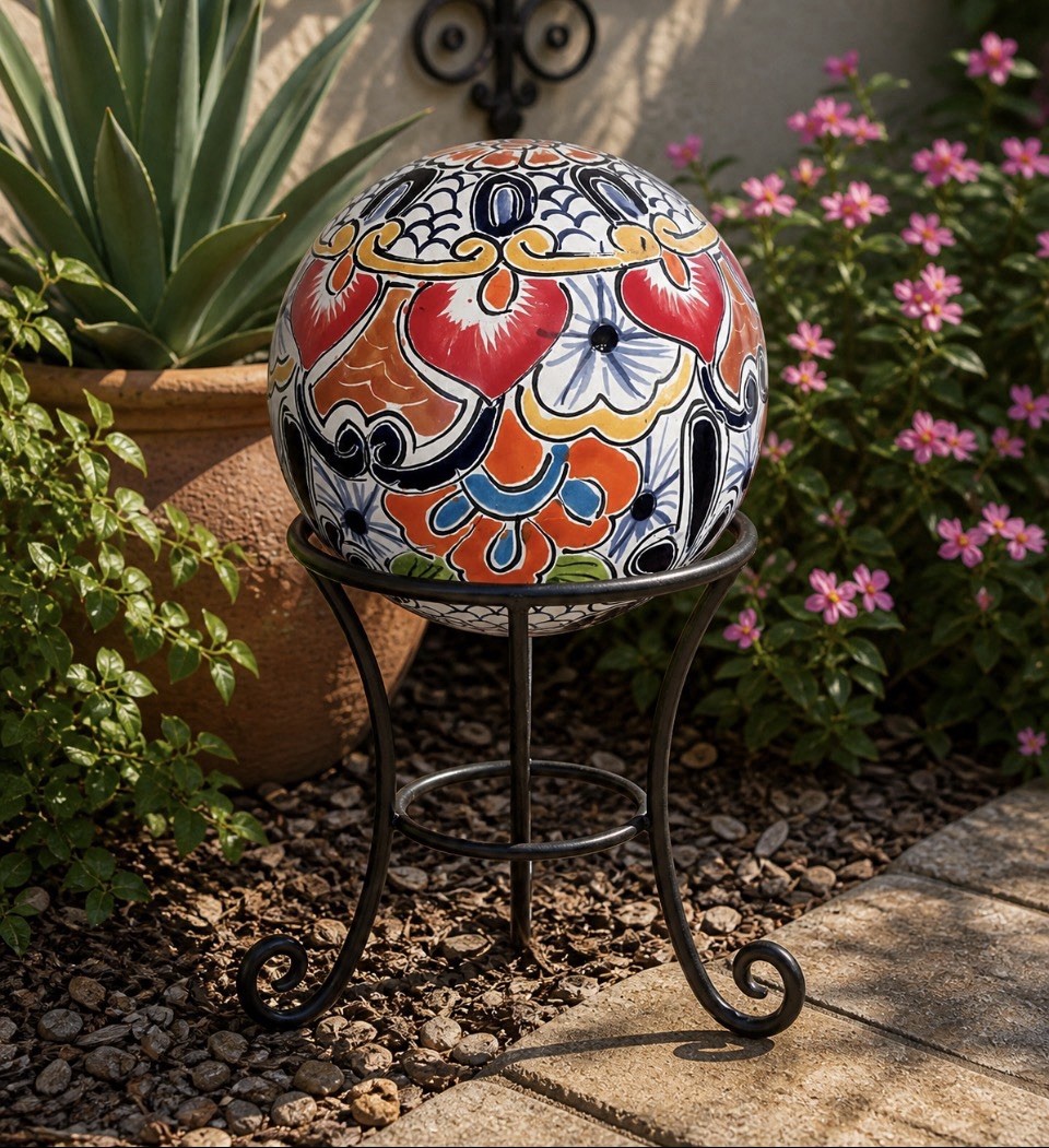 Hand Painted Mexican Talavera Garden Globe – Ceramic Lawn Decor Sphere Signed