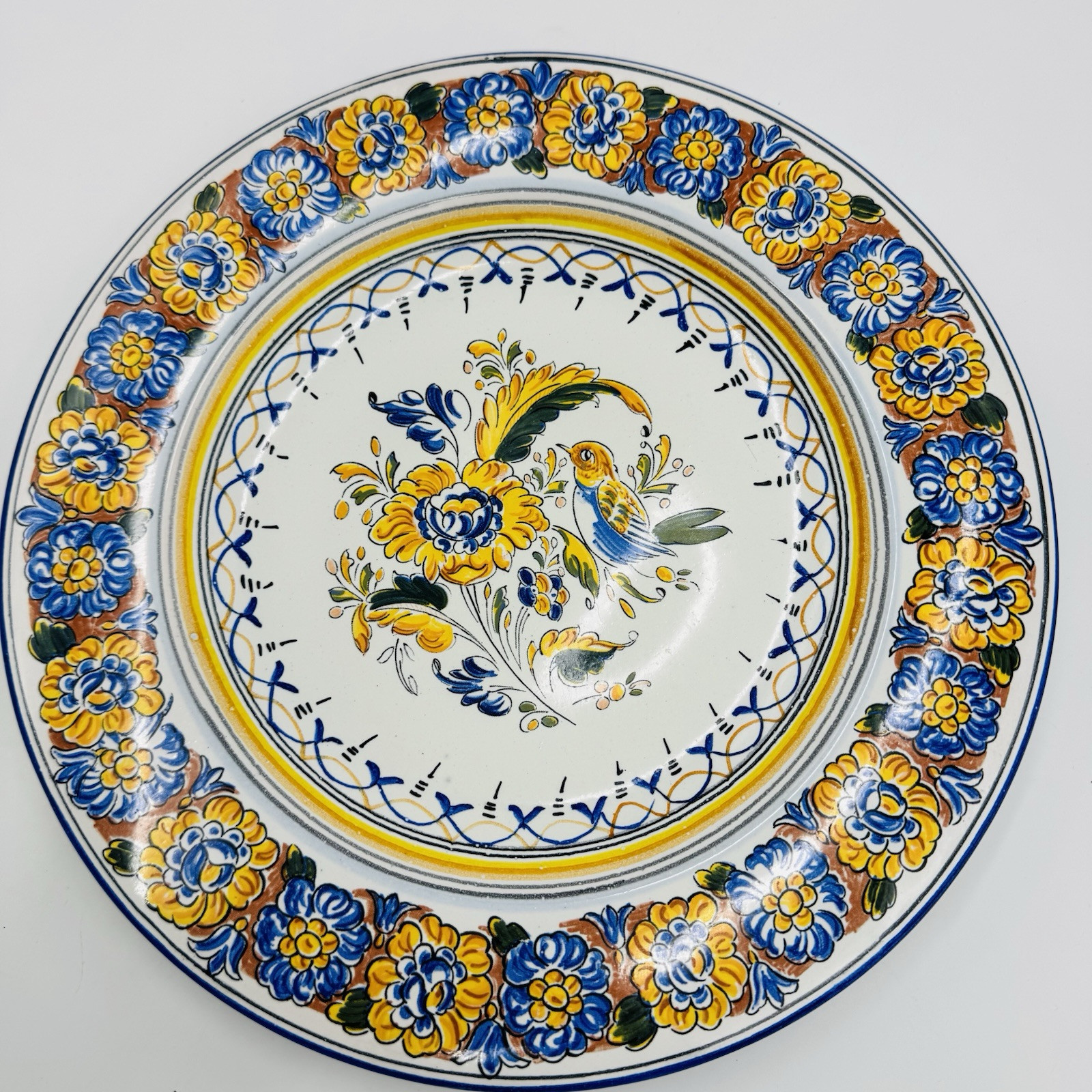 VTG Spanish Faience Hand Painted Bird Floral Wall Plate Toledo Spain 11 Ceramic