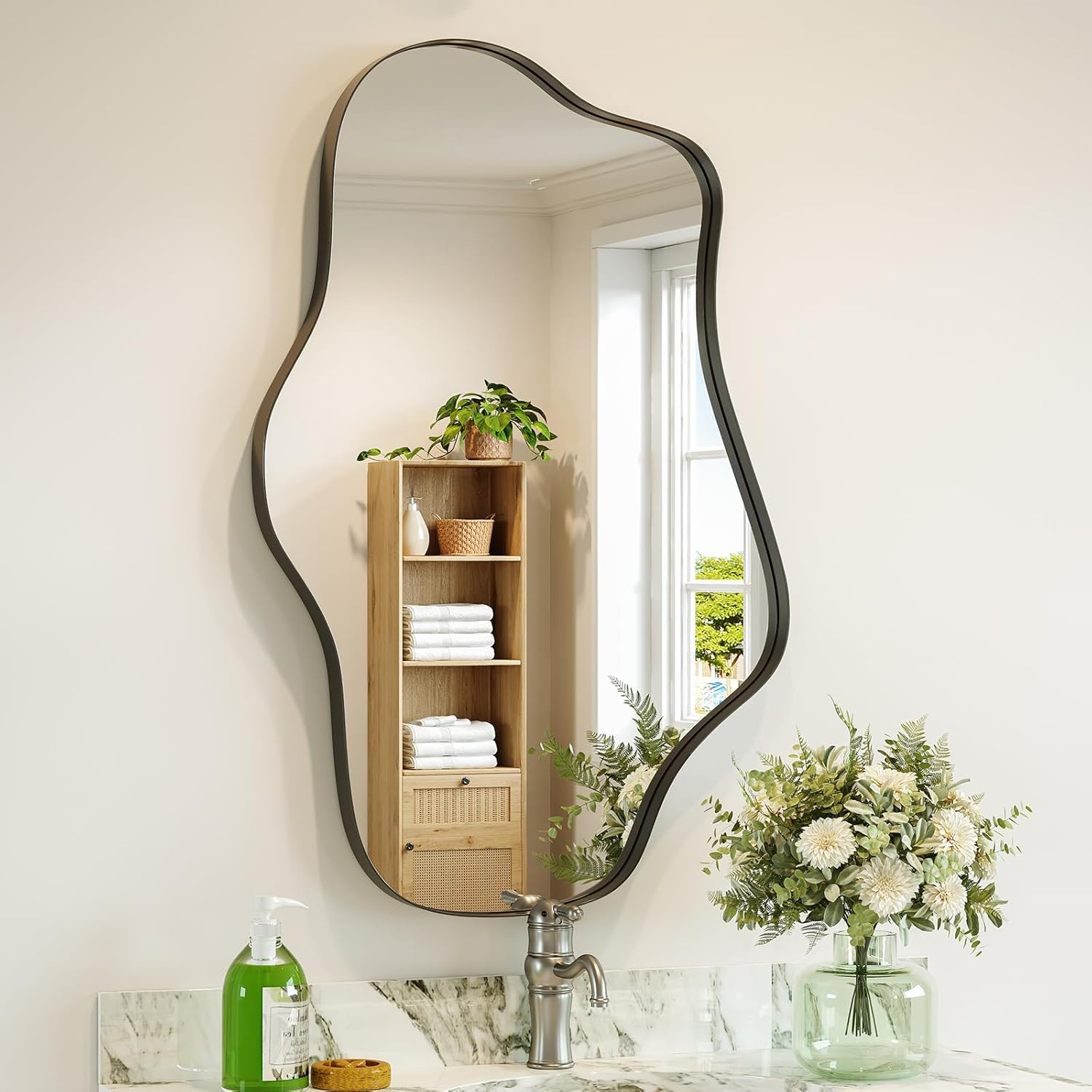 Irregular Wall Mirror, 20” X 36” Black Wavy Mirror with Modern Shaped, Asymmetri