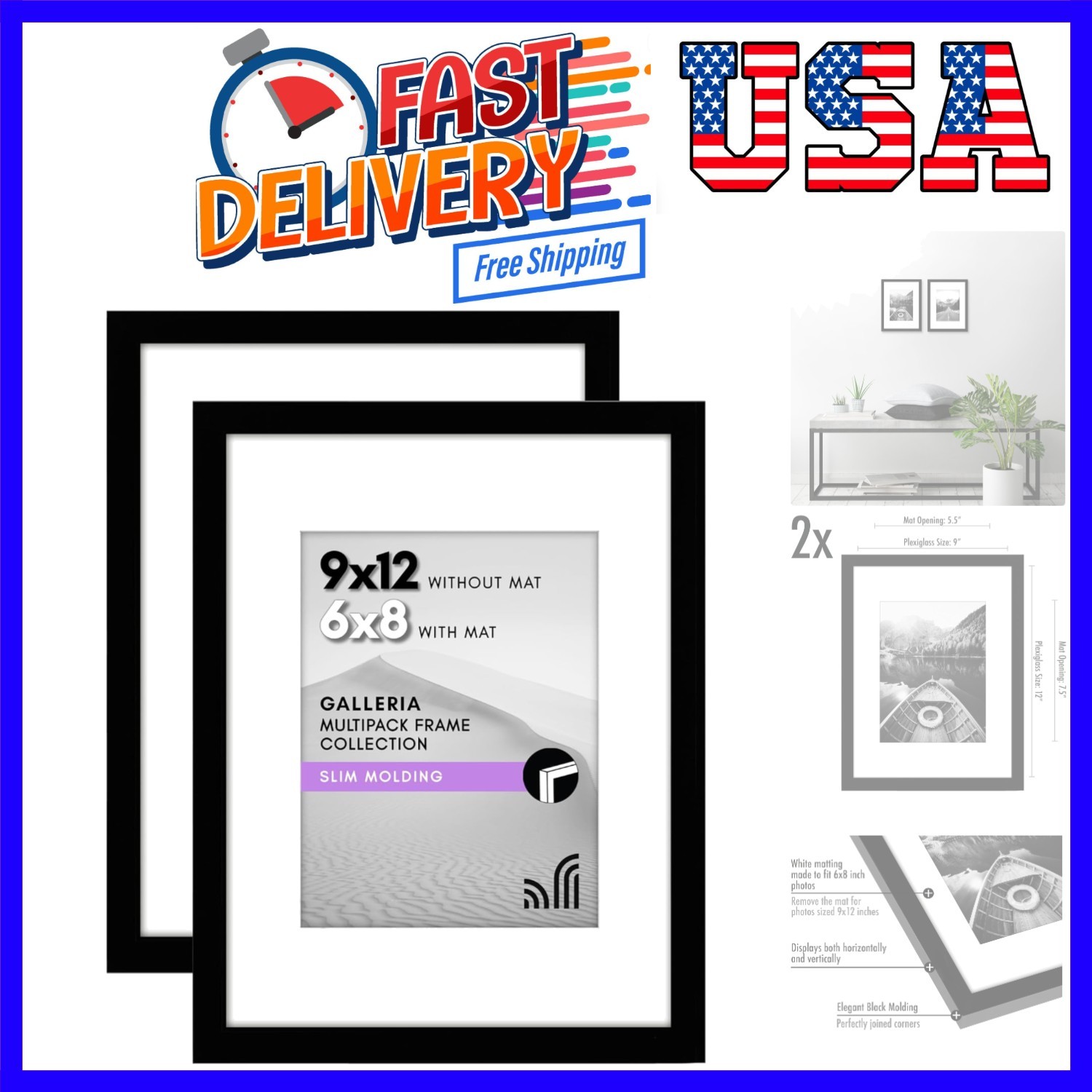 9×12 Picture Frame with Polished Plexiglass – Set of 2 – Use as 6×8 Frame wit…