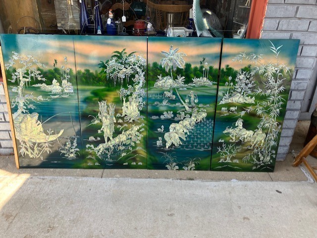 Vintage Vietnamese Mother Of Pearl Lacquer Wall Art Panels Asian Multi-Color 4pc