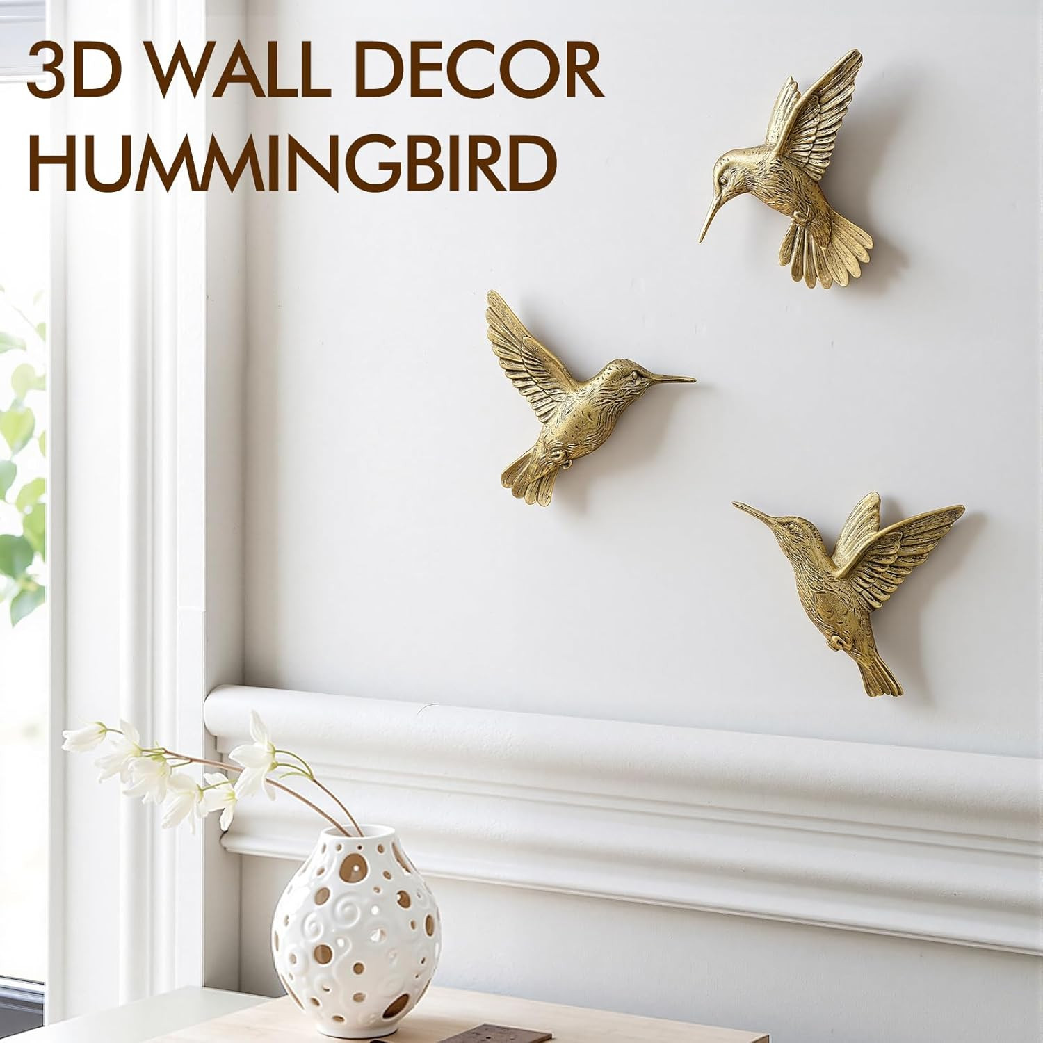 GUSFREUD 3D Hummingbird Wall Decor Set – Brass Resin Bird Wall Decor for Living