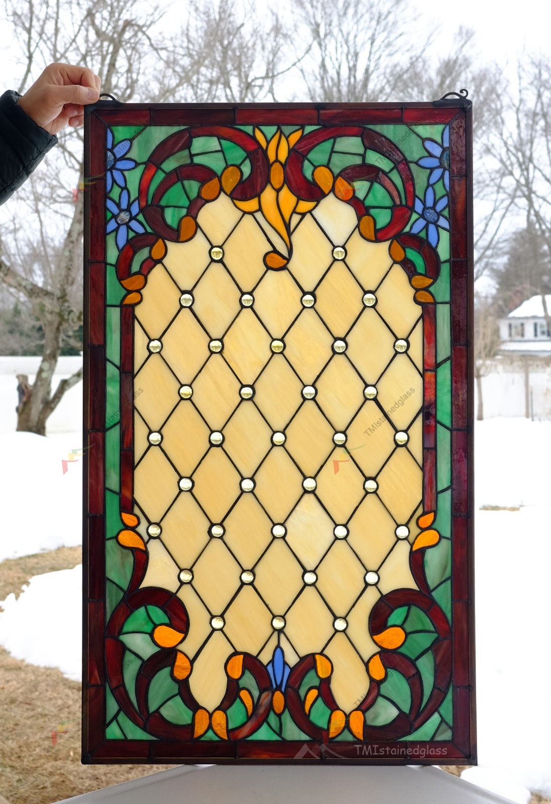20&Prime; x 34&Prime; Tiffany Style stained glass window panel Jeweled glass panel, HF43