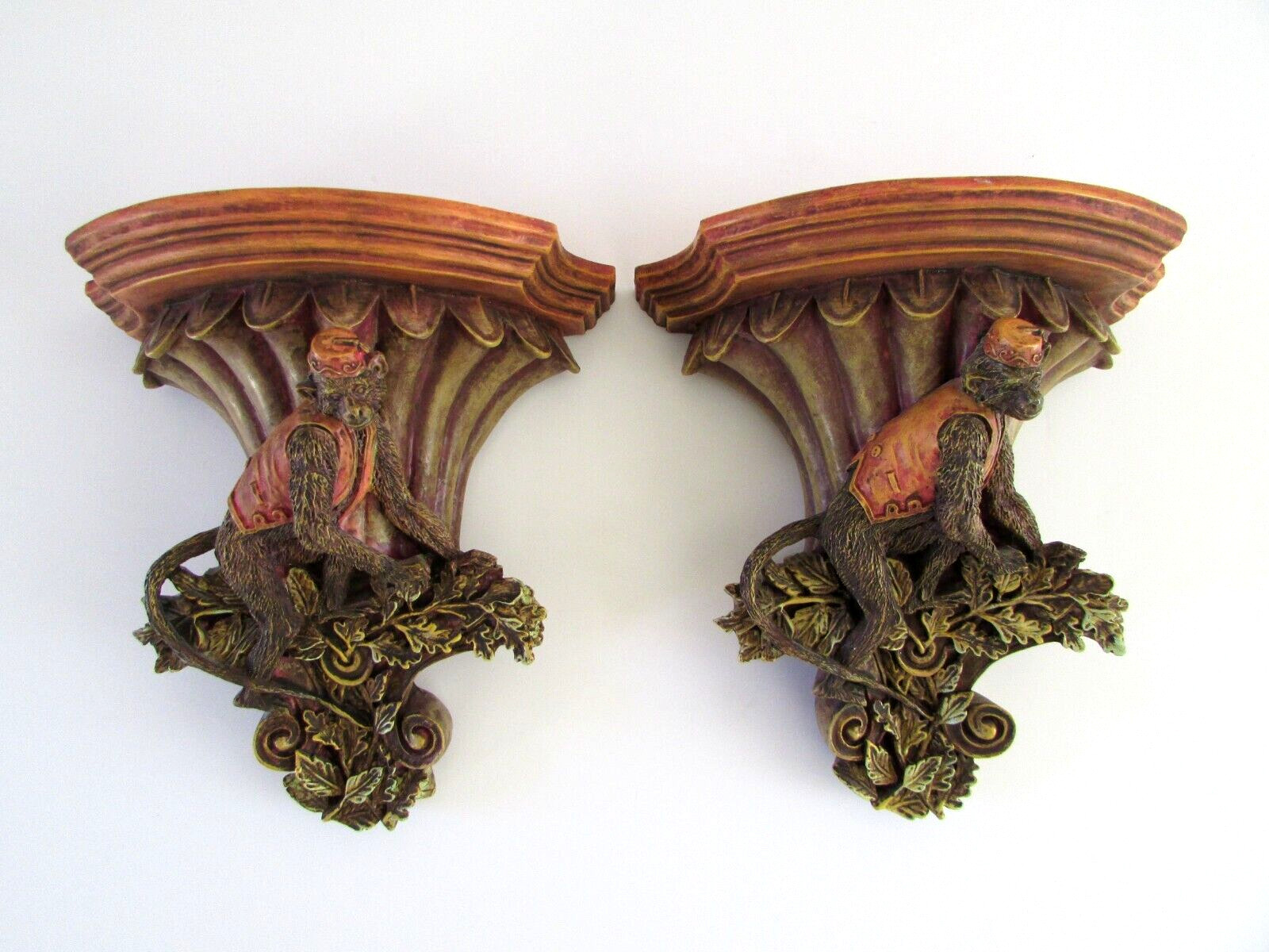 VTG Asian Chinoiserie Fez Monkey Plate Rack Wall Brackets Set 2