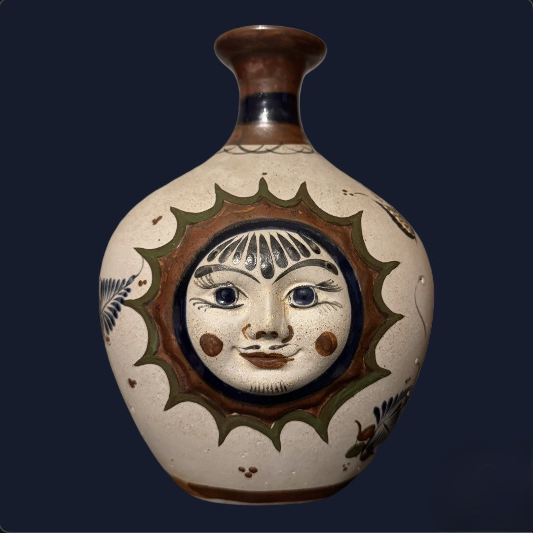 Handcrafted Handpainted Pottery Celestial Sun Face Mexican Tonala Vase
