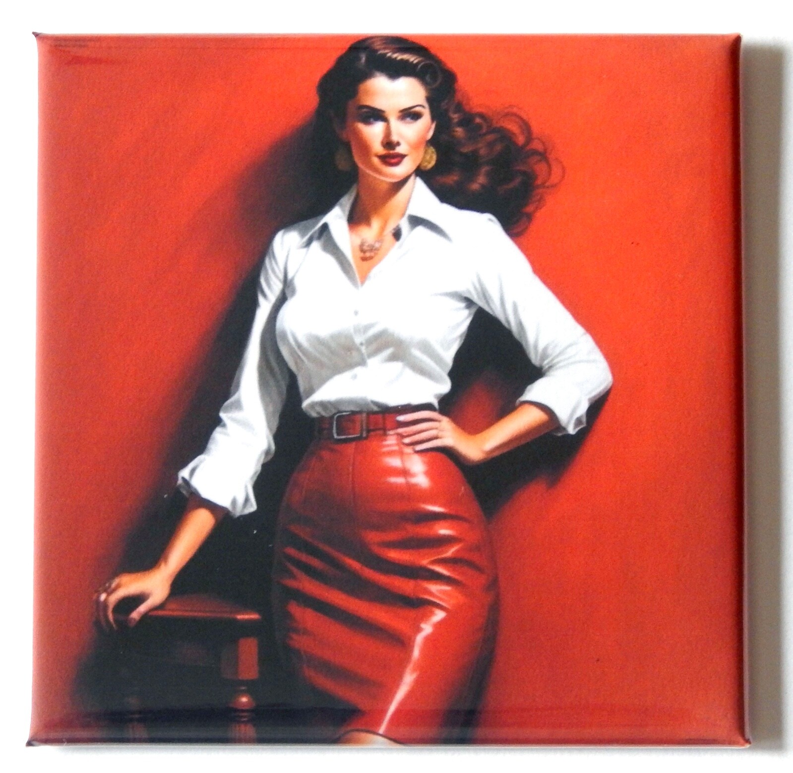 Woman in Red Leather Skirt FRIDGE MAGNET fashion advertisement