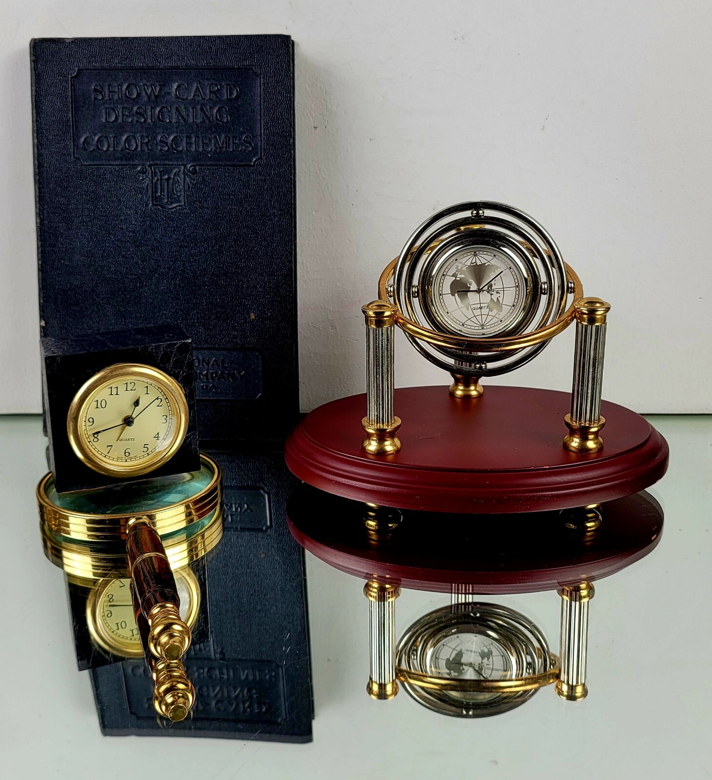 Gyroscopic Desk Clock – Two Toned Metalwork, World Map Face, Wooden Base