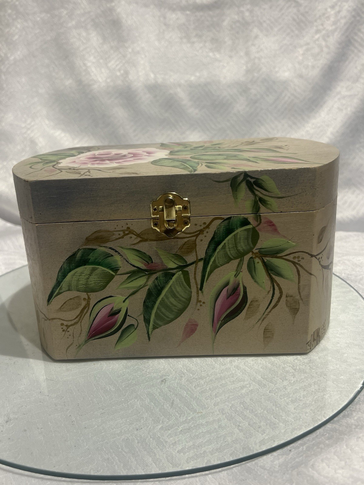 Hand-Painted Floral Oval Wood Decorative Box, Hinged Lid & Latch Closure