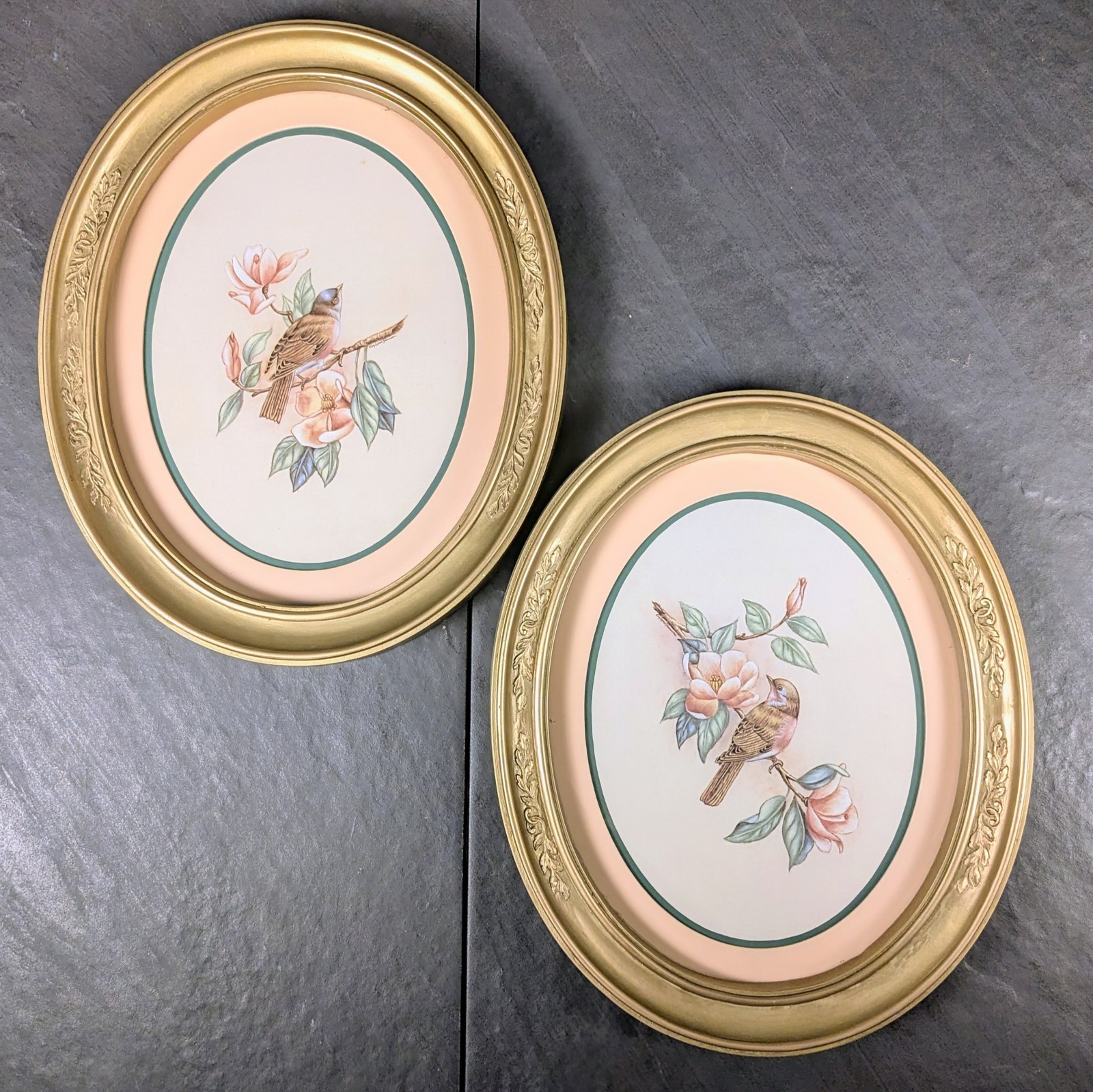 Vintage Home Interiors Bird Prints Set 2 Peach Mat Gold Oval Frames 11×9